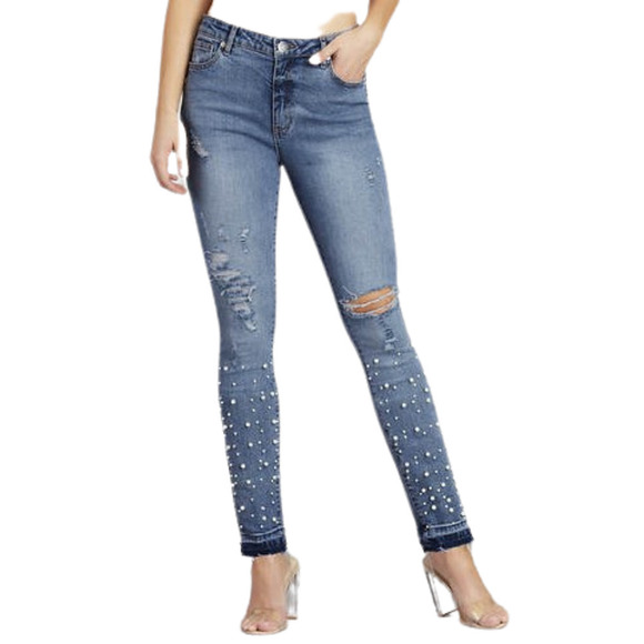 Distressed Jeans Size 4 Skinny Studded Pearls Jeans High Stretch Stonewashed MED - Picture 4 of 6